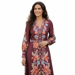 NWT$250 Dalia MacPhee Long Sleeve Maxi Belted Burgundy Floral Shirt Dress LARGE